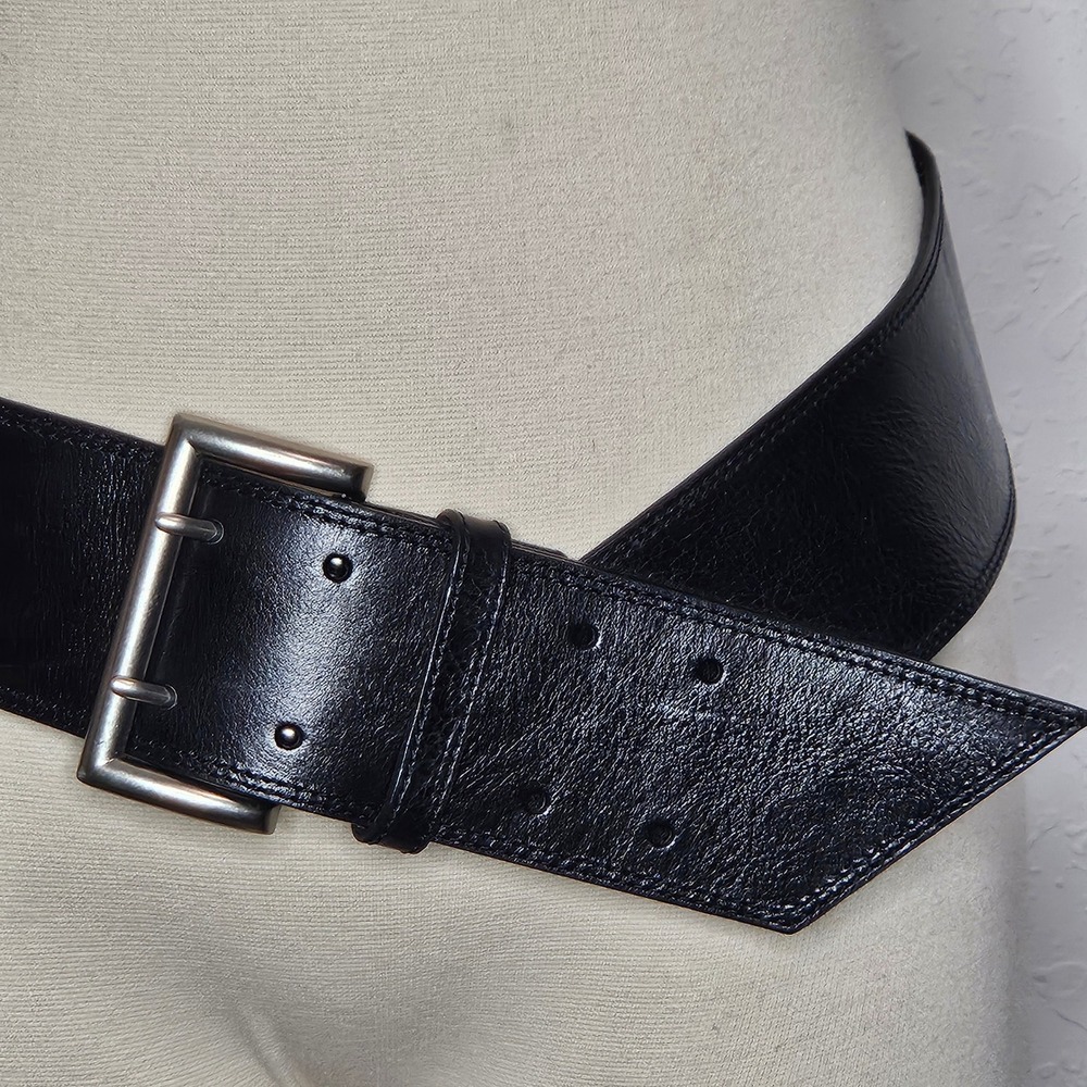Fossil Womens Black Leather Wide Waist Belt Silver Double Prong Buckle Medium - Picture 2 of 6